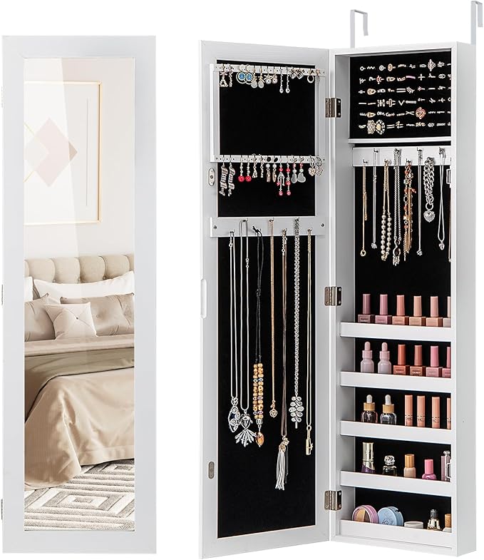 LOKO 42” Mirrored Jewelry Cabinet, Wall/Door Mounted Hanging Jewelry Armoire Organizer with Full-length Mirror, Soft Lining, 5 Storage Shelves for Accessories & Cosmetics, Christmas Gift (White)