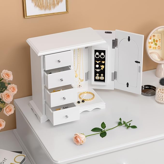 Bonnlo Small Jewelry Box Organizer with Photo Frame Door & Velvet Ring Holder, French Style Jewelry Storage Case with Rotating Necklace Hooks & Drawers, White,9.5" W*4.75" D*10.75" H