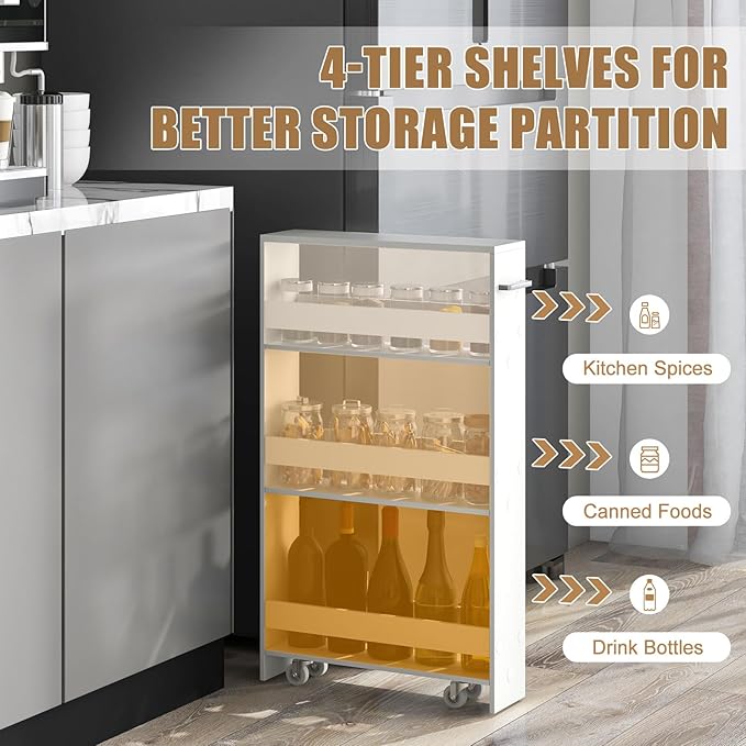 Slim Storage Cart, 4 Tier Narrow Storage Cabinet Between Washer and Dryer, 4 Universal Wheels w/Convenient Handle, Modern Skinny Bathroom Cart for Kitchen, Bathroom, Laundry Room (White)