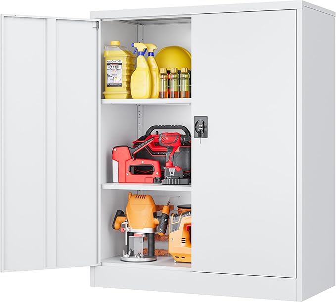 SISESOL Small Metal Cabinet with Shelves,36 inch Garage Storage Cabinet with Lock,White Metal Storage Cabinets with Locking Doors,Lockable Office File Cabinets for Home,Office,Shop,Garage