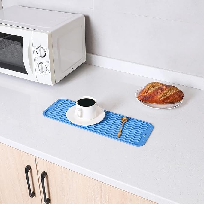 Silicone Dish Drying Mat for Multiple Usage,Easy clean,Eco-friendly,Heat-resistant Silicone Mat for Kitchen Counter,Sink,Bar,Bottle,or Cup Lichen Blue M 17 inches x 6 inches