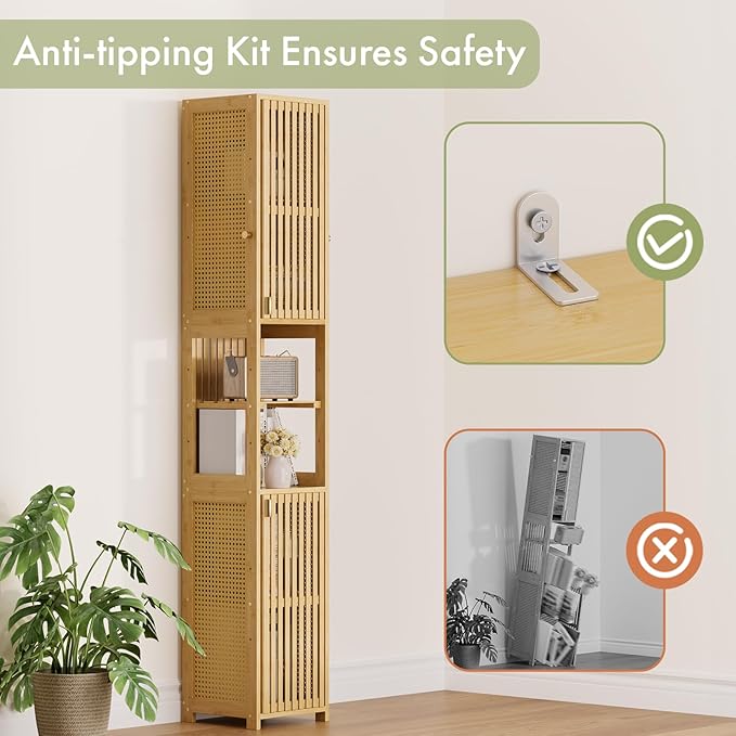 Amazer 70'' Tall Bathroom Storage Cabinet Bamboo, Slim Storage Cabinet with Rattan Door and Adjustable Shelves, Narrow Freestanding Organizer for Living Room, Kitchen, Natural Color