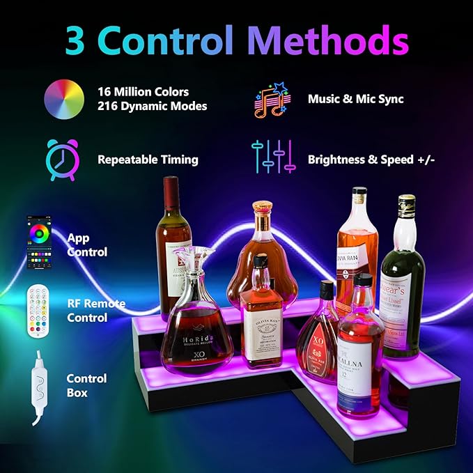 Corner Led Lighted Liquor Bottle Display Shelf, 20 Inch 2 Tier Whiskey Rack, Support USB, Bar Stand with RF Remote & App Control, Illuminated Acrylic Lighting Shelves for Home Bar, Party