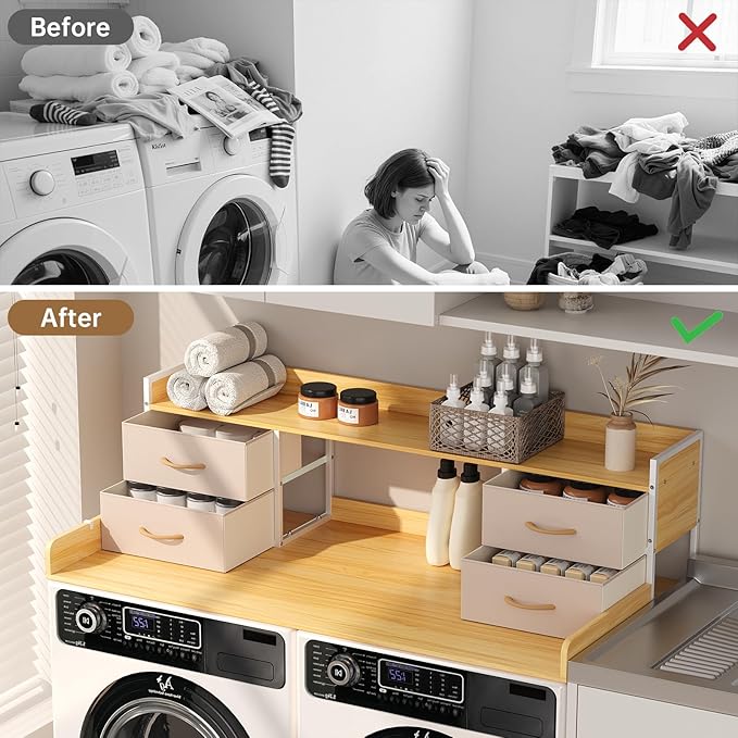 4 Drawers Washer Dryer Countertop with Shelf, 27.5" D x 54" W Laundry Topper with 3.54" High Guardrails and Non-Slip Pads,Extra Storage Organizer for Over Washer and Dryer, Holds 66 Lbs,Light Oak