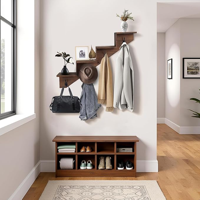 Coat Rack Wall Mount with Shelf, Brown Ladder Shelf with Hooks Underneath, Wall Mounted Rise Wooden shelves for Decorative, 4 Double Hooks for Hanging Coats, Keys, Books, Flowers, Planter, Towels