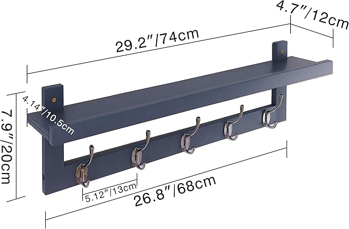 SMIBUY Coat Hooks with Shelf Wall-Mounted, 29.2 Inch Entryway Coat Rack for Wall, Bamboo Hanging Shelf with 5 Double Metal Hooks for Bathroom, Bedroom, Kitchen, Living Room, Mudroom (Grey)