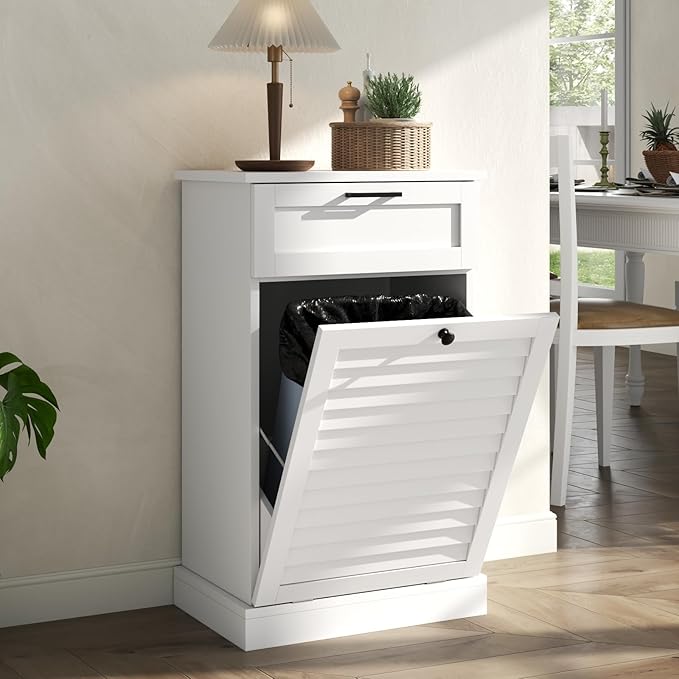 Upgraded Tilt Out Laundry Hamper Cabinet, 15 Gallon Trash Can Cabinet with Shutter Front & Drawer, Hidden Garbage Can Bin Cabinets with Laundry Storage Basket for Bathroom, Kitchen (White, Single)