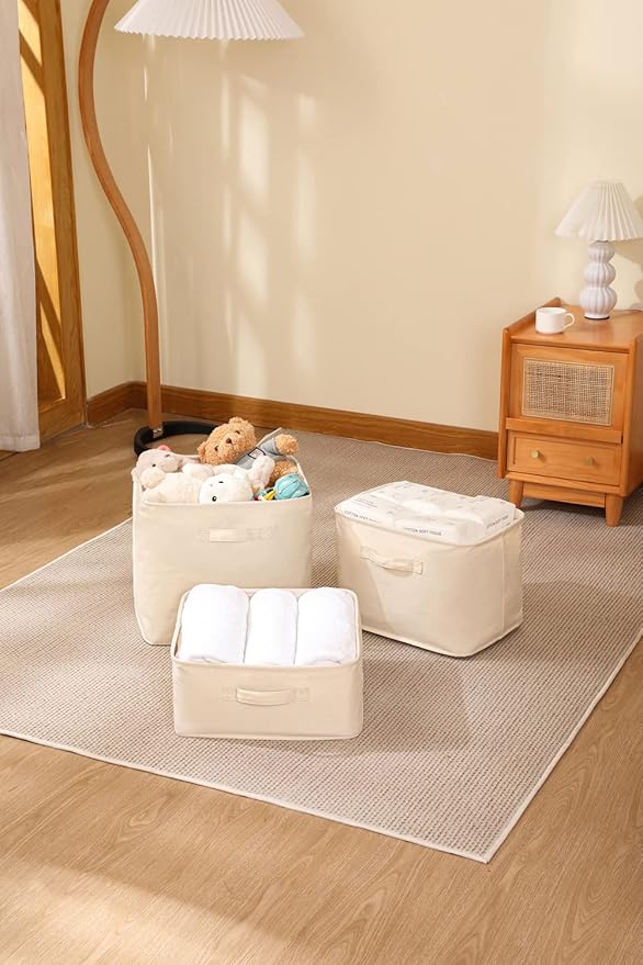 Decorative Basket Rectangular Fabric Storage Bin Organizer Basket with Handles for Clothes Storage (13.7 x 13.7 x 6.2, Beige)