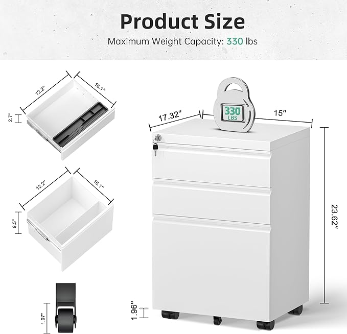 Bonusall 3 Drawer White File Cabinet, Fully Assembled Metal Rolling Filing Cabinet with Lock, Under Desk Drawer Filing Cabinets for Home Office Fit A4/Letter/Legal