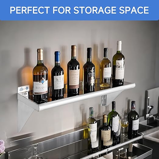 ROCKPOINT Stainless Steel Shelf 12 x 72 Inches 450lb, 2 Pack NSF Commercial Wall Mount Floating Shelving with Backsplash for Restaurant, Kitchen, Home and Hotel, Silver