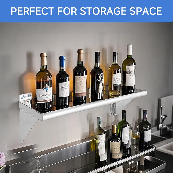 ROCKPOINT Stainless Steel Shelf 18 x 48 Inches 400lb, NSF Metal Commercial Shelves Wall Mount Floating Shelving with Backsplash for Restaurant, Kitchen, Home and Hotel, Silver