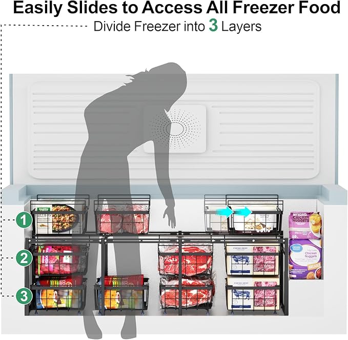 iSPECLE Freezer Organizer - Fits 20 to 25 Cu.Ft Large Chest Freezer, 2 Tier Freezer Rack Divided Freezer into 3 Layers Easy Slide to Access All Food, Black