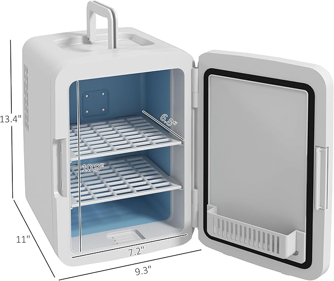 HOMCOM Mini Fridge for Bedroom or Car with Dimmable LED Mirror (10L/8 Can), Cooler and Warmer, Portable Skincare Fridge, AC/DC Powered Small Refrigerator for Skincare, Beverage, Food, Cosmetics, White