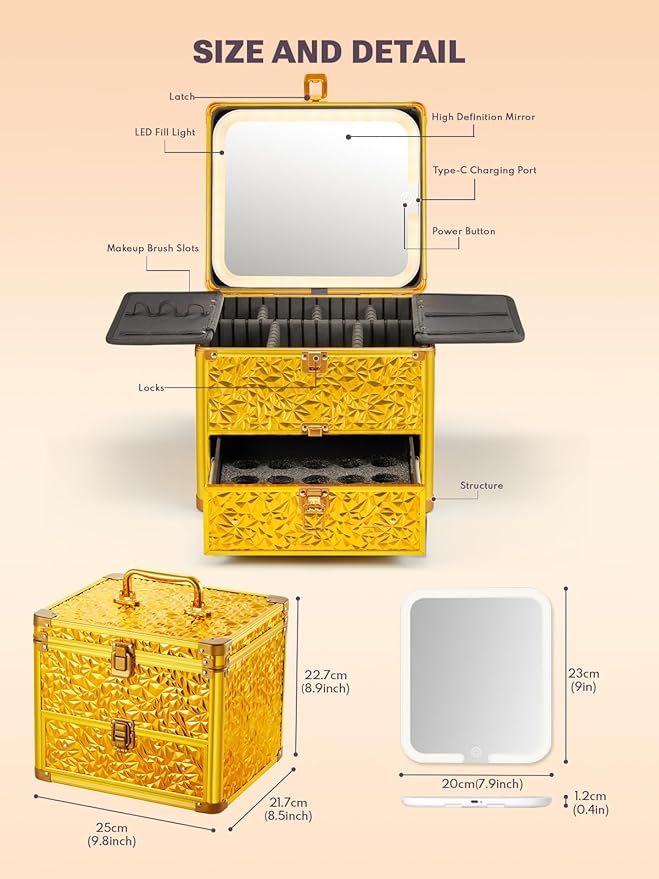 Qislee Makeup Box with Drawer and A Detachable Lighted Mirror, Waterproof Travel Train Case, Cosmetic Organizer and Makeup Suitcase with Adjustable Dividers, Magnetic LED Mirror (Luxury Gold)
