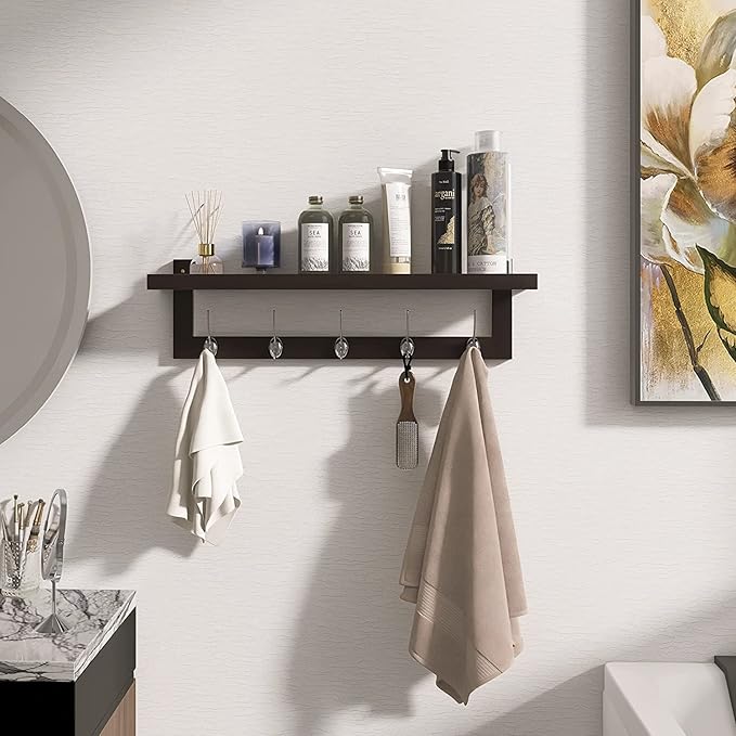 SMIBUY Coat Hooks with Shelf Wall-Mounted, 29.2 Inch Entryway Coat Rack for Wall, Bamboo Hanging Shelf with 5 Double Metal Hooks for Bathroom, Bedroom, Kitchen, Living Room, Mudroom (Dark Brown)