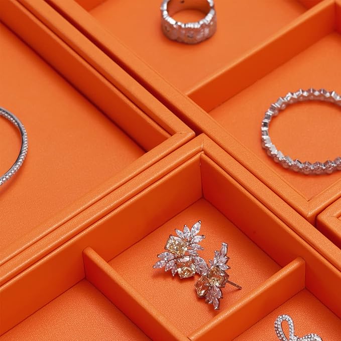 Oirlv Luxury Leather Jewelry Tray Orange Stackable Jewelry Drawer Organizer Trays Bracelets Bangles Watches Storage