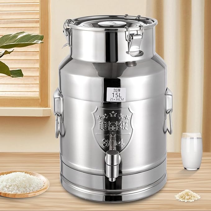 Milk Can Barrel Stainless Steel Beverage Drink Dispenser Large Capacity Storage Bucket Container with Faucet and Handles for Milk Coffee Wine Oil Rice Cereals Water (15L/3.96Gal)