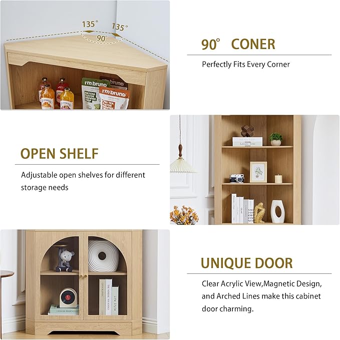 Mid-Century Modern 70" H Tall Coner Storage Cabinet with Doors & Adjustable Shelves, Wood Home Coner Pantry Hutch for Kitchen, Dining Living Room, Bathroom, Antique Dispaly (Black)