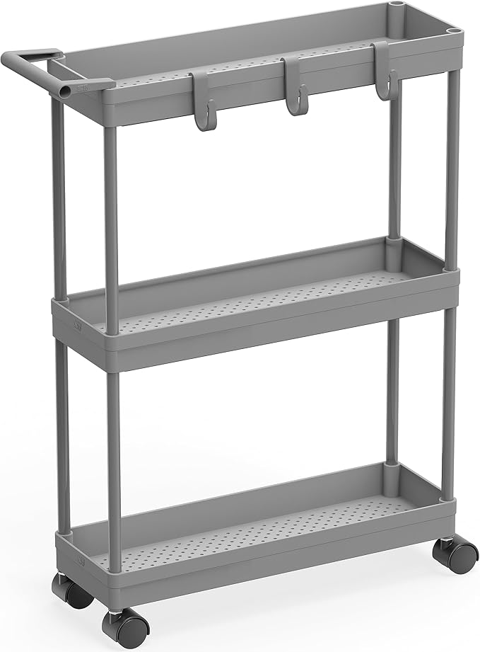 Simple Houseware 3-Tier Slim/Narrow Storage Cart with Handle, 5.5'' Wide x 26.5'' Height Rolling Organizer for Kitchen, Bathroom, Laundry Room - Grey