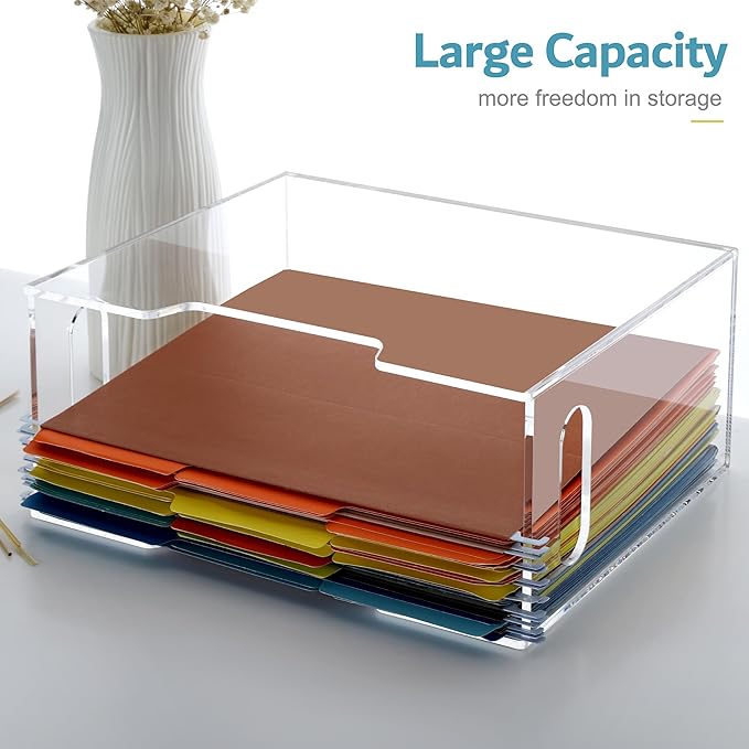DINGHUO Acrylic File Folder Organizer Box, Letter Size Hanging File Organizer, Clear File Holder with Handles, Desktop Office Supplies Filing Storage Crate for Home Work School - 1 Pack