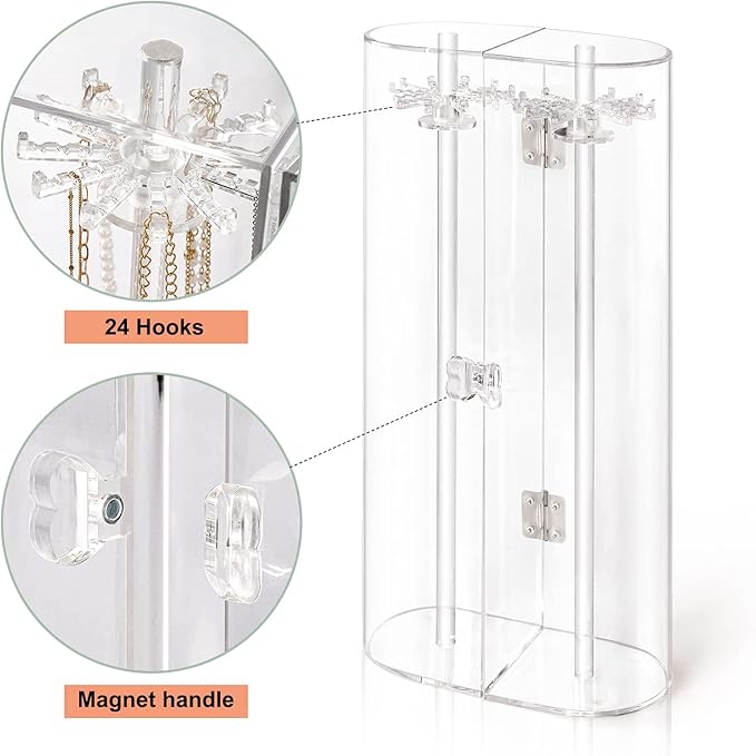 Acrylic Necklace Holder, Clear Necklace Organizer with 24 Hooks, Dustproof Rotation Jewelry Storage Holder Stand, Long Necklaces Pendant Bracelets Display Case for Dresser Bathroom Vanity Countertop