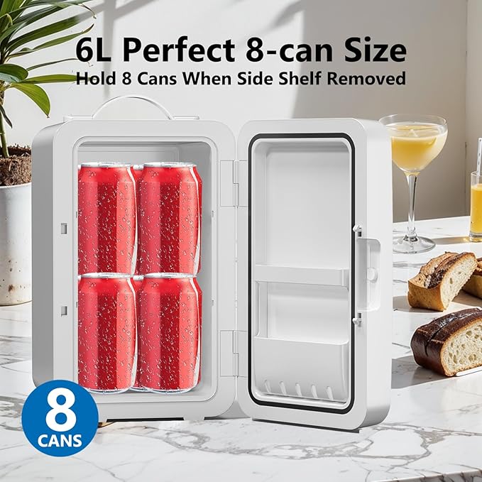 Mini Fridge for Bedroom, 6L/8 Cans Skincare Fridge Portable Small Refrigerator, Cooler and Warmer Compact Refrigerator for Skin Care Makeup, Office Dorm and Car, Includes Home Plug & 12V Car Charger