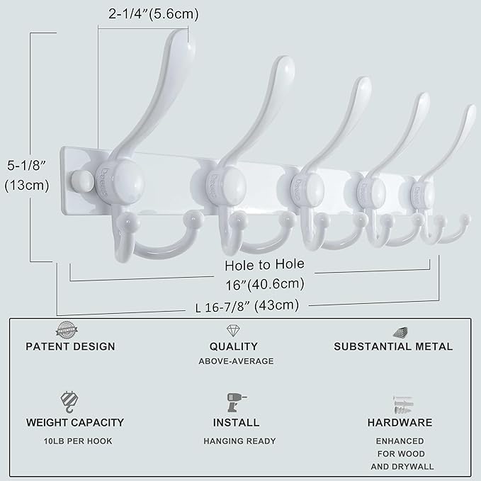 Dseap Coat Rack Wall Mount 2.0 Pro: Heavy Duty 300% Thicker, 16" Stud Mount, Stainless Steel Wall Coat Hooks Hanger for Clothes Jackets Hats Entryway Closet, MaxStrong Series, White, Pack of 2