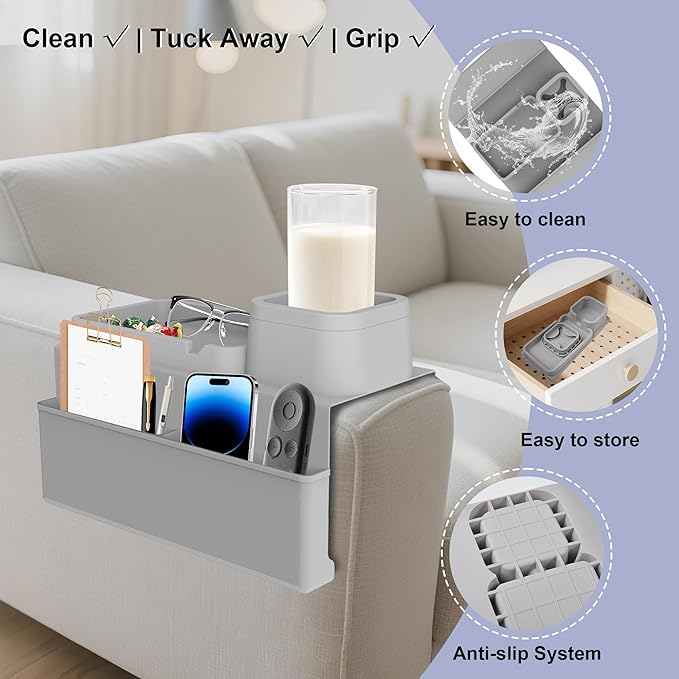 KindGa Couch Cup Holder Tray，Super Large Silicone Sofa Armrest Tray with Side Pockets，Anti-Slip Couch Caddy for Drinks/Phone/Remote/Snacks Sofa Table Organizer，Fathers Day Dad Gifts -Slate Gray