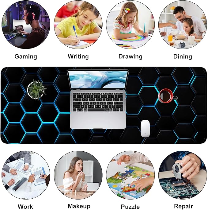Gaming Mouse Pad – Large Extended Desk Mat 31.5 x 11.8 in– Futuristic Black Honeycomb Design with Blue Glow, Non-Slip Base, Waterproof Surface, Keyboard & Mouse Pad for Gaming or Office