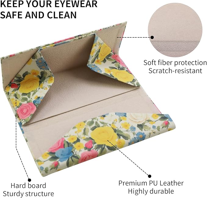 Foldable Glasses Case, Magnetic PU Leahter Sunglasses Case, Cute Hard Shell Folding Eyeglass Cases for Women Kids