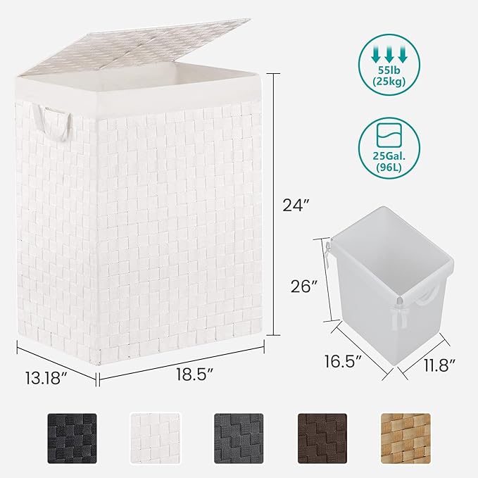 Foldable Laundry Hamper Basket with Lid by Fiona's magic, Handwoven 96L Large Clothes Hamper with Removable Liner Bags, Collapsible Tall Hamper for Bedroom, Bathroom and Dorm Organizer, 2Pack, White