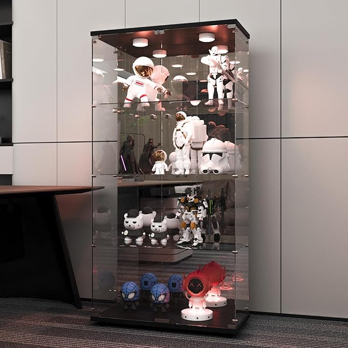 Beauty4U Glass Display Cabinet with LED Lights and Mirror, 4 Shelves with 2 Doors, Curio Cabinets for Living Room, Bedroom, Office, Black Floor Standing Glass Bookshelf, Quick Installation