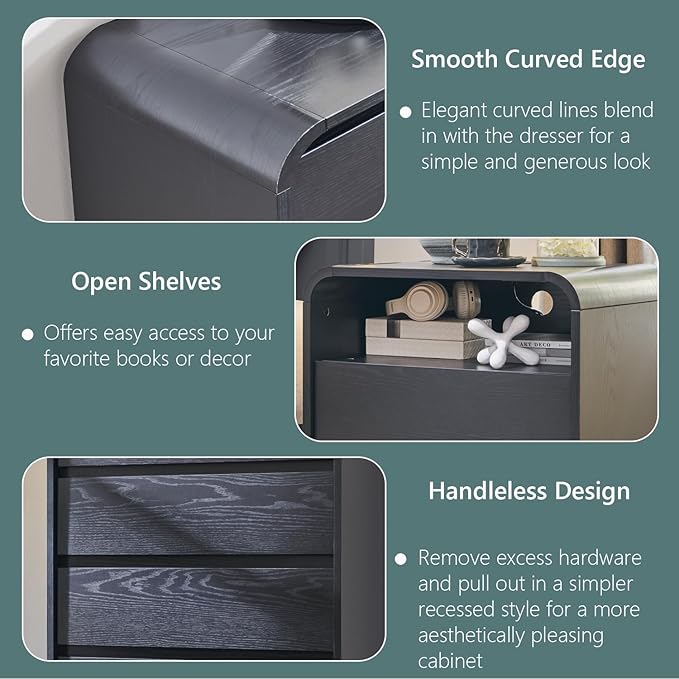 25" Tall Modern Nightstand Set of 2, 23.6'' Wide Wood Bedside Table w/2 Storage Drawers, Charging Station, Mid Century End Table for Bedroom, Living Room,Curved Profile Design, Black