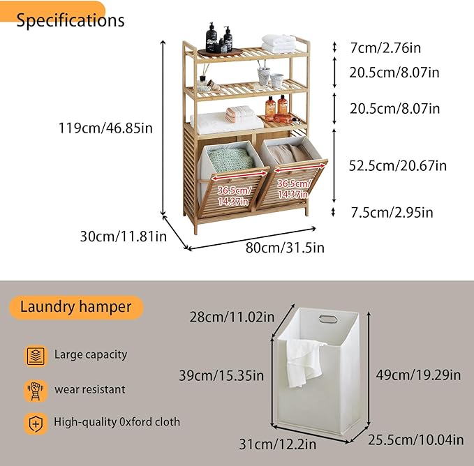Double Tilt Out Laundry Hamper, Bamboo Hamper with 2 Removable Bags, Pull Out Laundry Hamper Cabinet, Bathroom Storage Shelf for Laundry Room, Living Room, Bedroom (3-Tier, Natural)