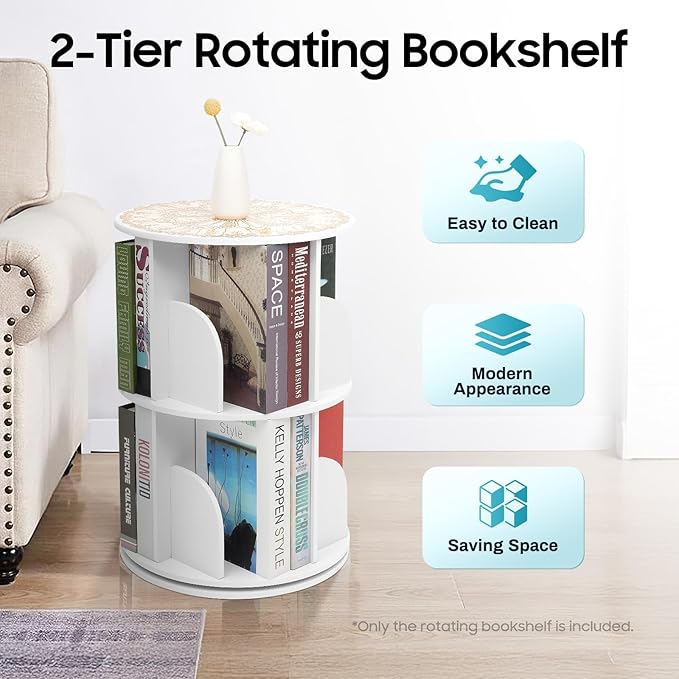 Rotating Bookshelf, 360° Spinning Bookcase with 8 Compartments, Modern White Kids Bookshelf for Small Spaces, Sturdy PVC Storage Organizer for Living Room, Bedroom, Study Room (2)