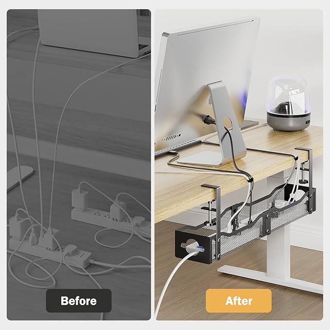 DELAMU 25'' Extended Under Desk Cable Management, No Dill Desk Cable Management with F-Clamp, Metal Cable Management Tray to Cord Organizer for Home Office, 1 Pack, Black
