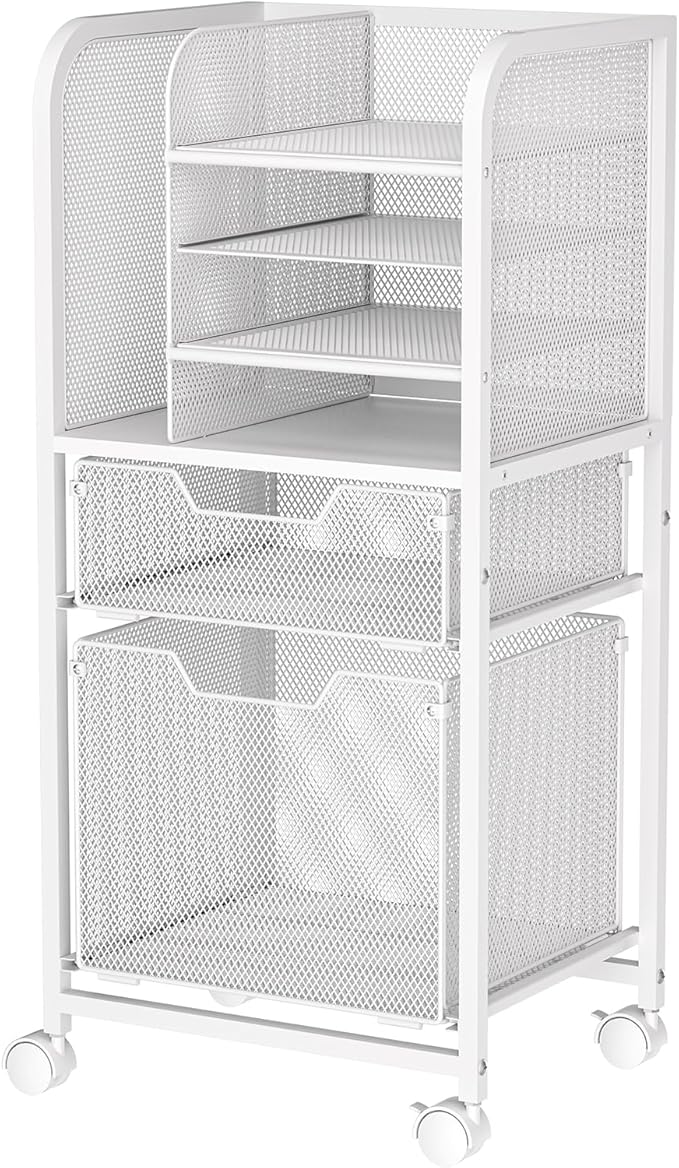 Rolling File Cart with 2 Drawers, White Rolling Cart with Drawers for Hanging File Folders, Letter-Size File Storage with Wheels, File Cabinet Organizer for Office and Home, White