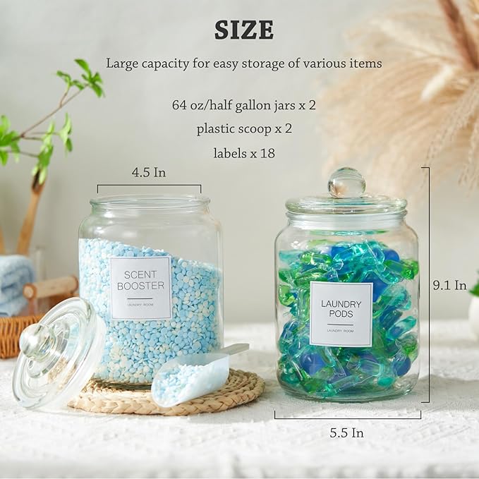 Laundry Pods Glass Jars - Half Gallon Airtight Containers with Scoop and Labels for Organization and Storage Laundry Room Detergents Powder, Scent Booster Beads Holder, Set of 2