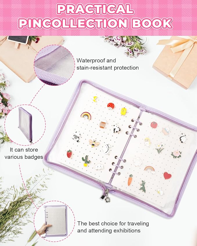 UCEC Enamel Pin Display Book & 50 PCS Pin Backs, A5 Album Pin Collection Binder for Brooch Pins, Purple 6-Page Zippered Pinfolio Trading Organizer, Enamel Pin Storage Display Book, Collectors Album