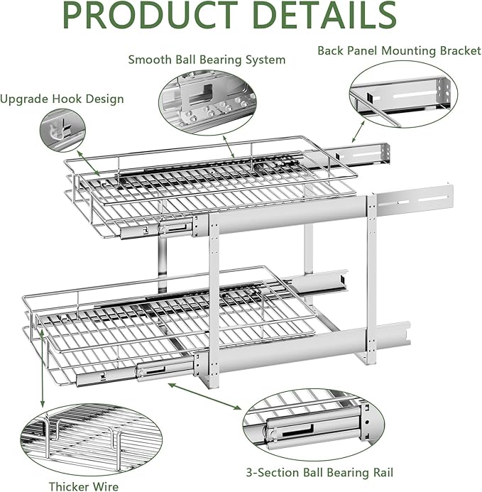 2 Tier Individual Pull Out Cabinet Organizer 12½" W x 21½" D, Heavy Duty Cabinet Pull Out Shelves, Slide Out Drawers Organization for Kitchen Cabinets Bathroom