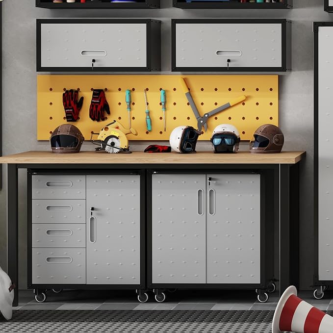Metal Tool Cabinet,Garage Storage Cabinet System,Wall Cabinet & Locking Rolling Tool Cabinet with Doors and Adjustable Shelves,Steel Tool Cabinets for Home (2 Pcs-Styled, Black & Grey)