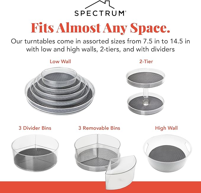Spectrum XXL Lazy Susan Organizer 14.5 in for Large Cabinet Fridge Pantry Table Shelf Organization, Charcoal Gray Rotating Turntable Under Sink Spinning Storage for Heavy Kitchen Bath Cleaning Items