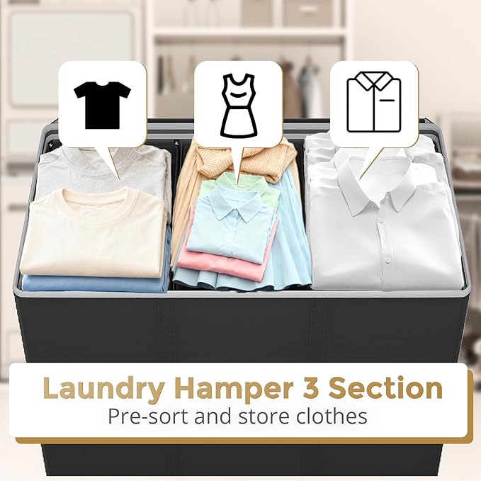 180L Laundry Hamper 3 Section, Large Laundry Basket with Lid, Laundry Basket Organizer with Handles, Black Divided Laundry Baskets, Clothes Hampers for Laundry, Bedroom, Bathroom