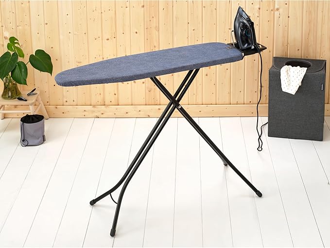 Brabantia Size A Compact Small Ironing Board (43x12 in) 7 Height Options, Adjustable Steam Iron Rest Holder (Denim Blue) Non-Slip Feet, Anti-Collapse Child Locks