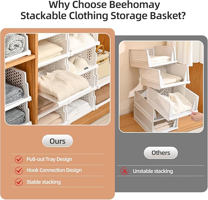 Pull-out Plastic Storage Basket,Stackable Closet Organizers Drawer Anti-Tipping, Reinforced Stable Shelf Container for Bathroom Laundry Room Storage, Space-Saving Clothes Storage (White, 4L)