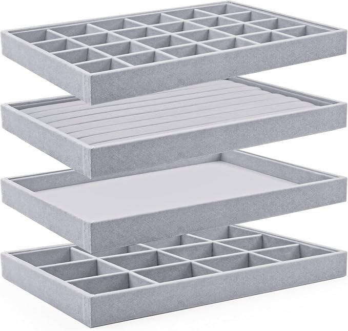 Lainrrew Jewelry Tray, 4 Pack Jewelry Organizer Velvet Jewelry Tray Stackable Jewelry Trays, Necklace & Earring Holder, Divided Bracelet & Ring Storage, 13.8"x9.5"x1.2" - Elegant Display Case (Gray)