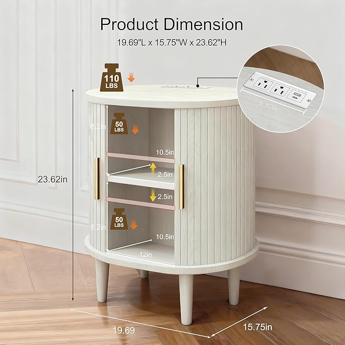 Nightstand with Charging Station, Fluted Accent Side Table with Sliding Door & Adjustable Shelf, Mid-Century Modern End Table for Small Space, Living Room, Bedroom (1, White)