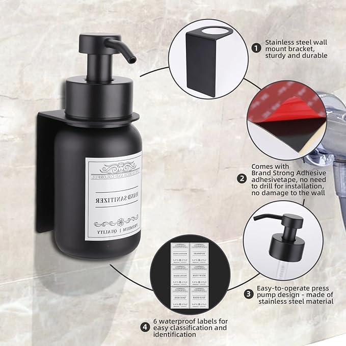 2-Pack Shower Soap Dispenser Set with Pump and Wall Mount, 8.5 Oz Soap and Lotion Dispenser Set with Waterproof Labels,Black