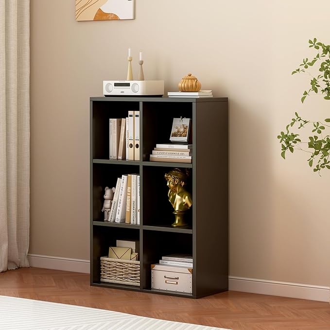 6-Cube Storage Shelf Bookcase - Wooden 3-Tier Floor Standing Open Bookshelf for Home and Office, Display Cabinet, Black
