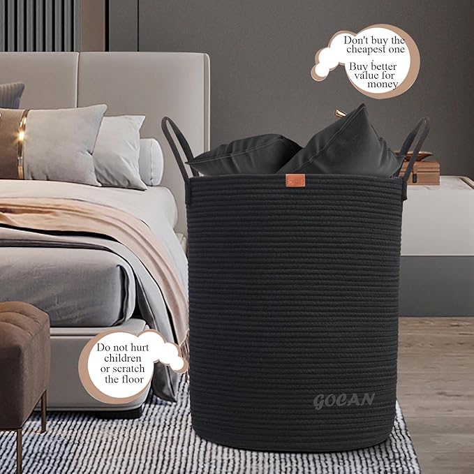 large tall sturdier Laundry Hamper Basket Woven Storage Baskets for clothes Pillows Blanket Toy in living or bed room decoration H50XD38cm black